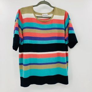 Berd Over knit top Woven Stripes Short Sleeve Roun